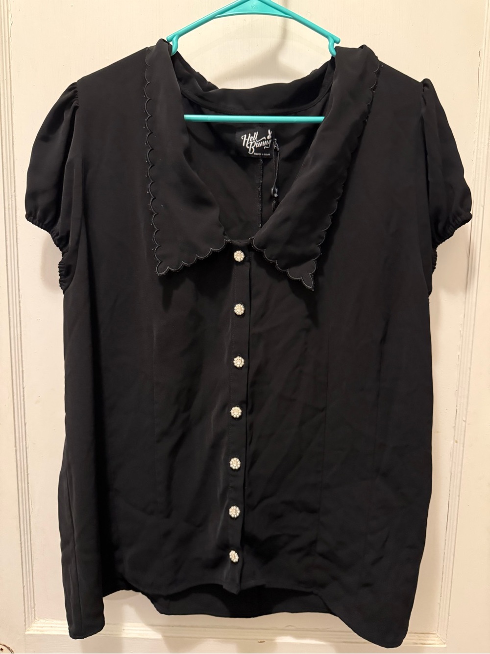 Hell Bunny Black Scalloped Collar Button-Front Blouse with Pearl Buttons